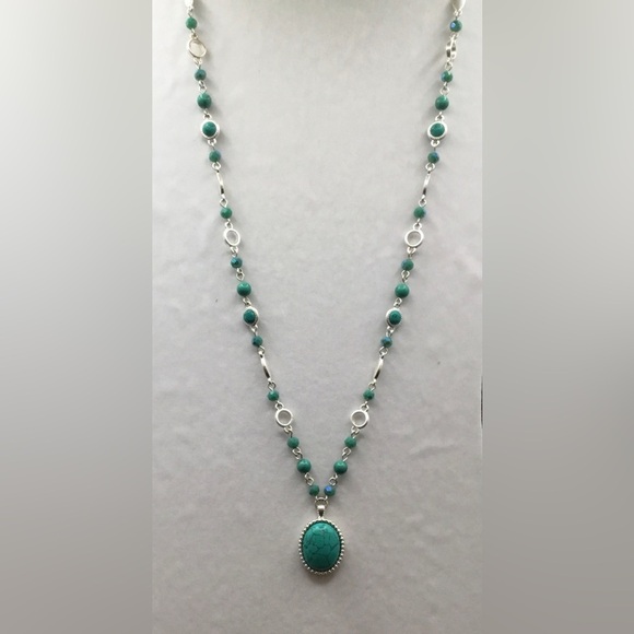 0193 NINE WEST VINTAGE AMERICA LONG VEINED TEAL CABOCHON PENDANT BEADED NECKLACE - Picture 2 of 3